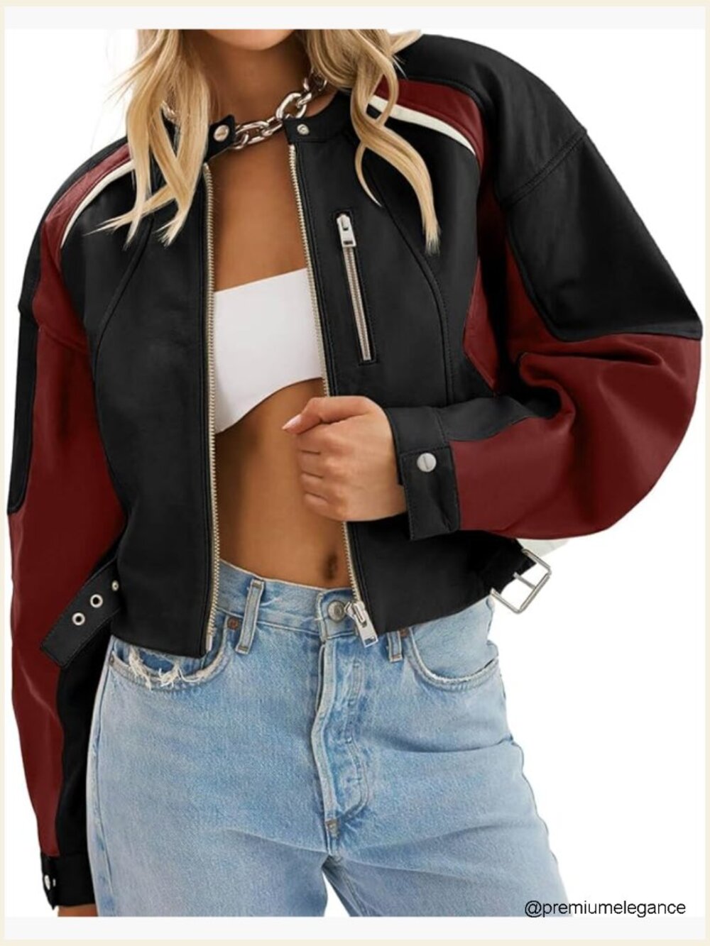 Womens Faux Leather Bomber Jacket Cropped Color Block Zip Up Moto Biker Coat